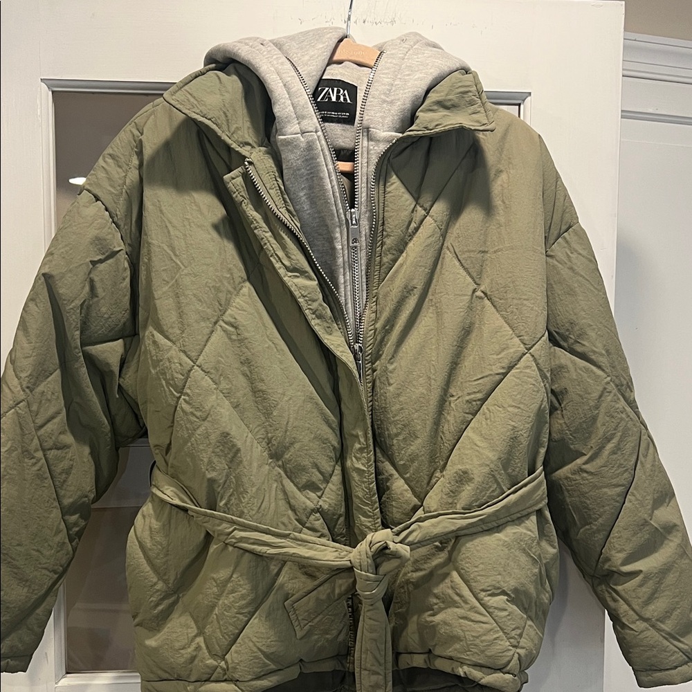 Zara Khaki Quilted Jacket with Tie